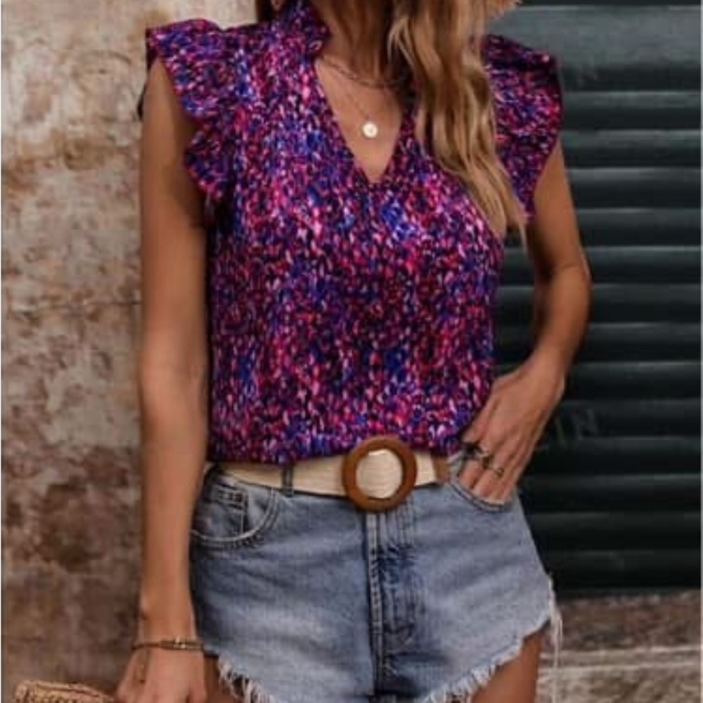 Emery Rose - Blue,Red Multicolor Abstract Ruffled Shoulder Sleeveless VNeck Tank